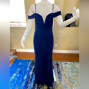 City Triangles Navy Blue Low V-neck High Slit Evening Gown Dress sz M/L